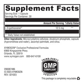 XYMOGEN MitoPrime - Fermentation-Based L Ergothioneine - Antioxidant Supplement to Support Brain Health + Already-Healthy Glutathione Levels in The Body (30 Capsules)