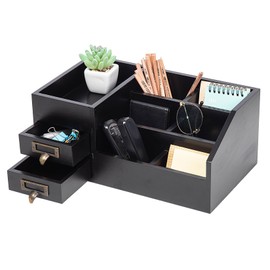 Distressed Rustic Wooden Office Desktop Organizer Wood Shelf Tabletop Home Organizer Storage with Multiple Compartments 2 Tier Drawers,perfect Jewelry storage Display Box for Desk, Vanity (Black)
