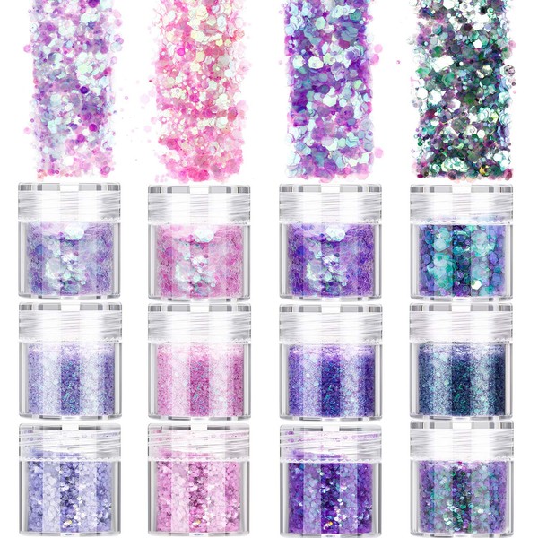 12 Boxes Chunky Glitter, Mermaid Chunky Glitter, Holographic Cosmetic Festival Ultra-thin Chunky Glitter for Nail Face Body Hair Makeup
