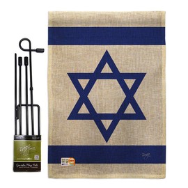 Breeze Decor Bandera de Israel Israeli Burlap Flag Pole Set Home Banner Lawn Yard Sign Room Post Gravesite Stand Cemetery Outdoor Tapestry Grandma Gifts Grave, Jewish Decorations Made in USA