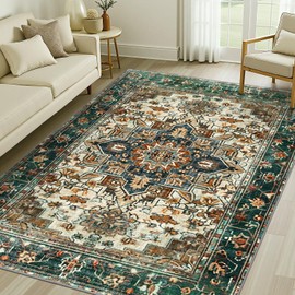 BAHIWOM 5x7 Washable Non-Slip Area Rug - Boho Vintage Faux Wool Carpet, Ultra Thin Low Pile Indoor Mat for Living Room Bedroom Entryway, Red Blue