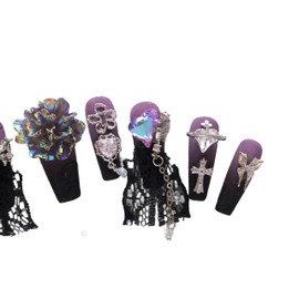 PN-031 Press-On Nails Lacquered Pack of 10 Reusable Artificial Premium Nails Lace Butterfly Flower Crystal Stones Purple