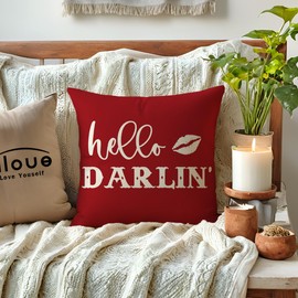 Funny Couple Pillow Covers 18x18 Howdy Cowboy Hello Darlin’ Western Throw Pillowcases Rustic Farmhouse Decor Cushion Covers 2Pack for Cowboy Cowgirl Valentine Decorations (Red)