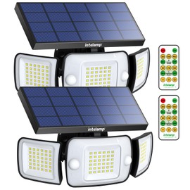 intelamp Solar Outdoor Lights 1200LM 6000mAh Security Lights with Remote Control,3 Heads Motion Sensor Light Outdoor, IP65 Waterproof,270° Wide Angle Flood Wall Lights with 4 Modes(2Pack)