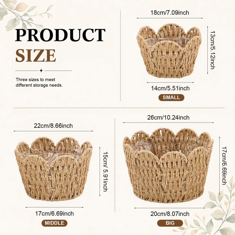 Lounsweer Scalloped Paper Rope Planter Basket Set of 3, Wicker