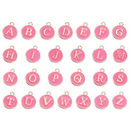 GLOKUUCA Alphabet A-Z Letter Charm - 26 Packs Double Sided Enamel Initial Alphabet Pendant Fits for Jewelry Making Bracelets Necklace - Metal Round Charm - 12mm/0.5 Inch Gold Rose Red