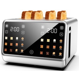 Foyoconven Touch Screen Toaster 4 Slice, Digital Smart Dual Control Touchscreen, Stainless Steel, 6 Toast Types & Levels include Bread, Bagel, with Defrost/Reheat/Single Slot Toasting Function