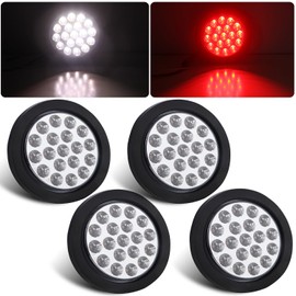 Partswcgg 4Pcs 4" Round Red Stop Turn Tail Lights to White Back-up Lights 19 LED, 4 Inch Round Red/White Dual Trailer Truck Tail Lights with Rubber Grommet and 3 Prong Wire Pigtails IP67 Waterproof