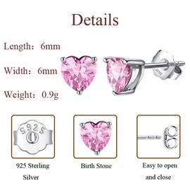 Zolkamery Earrings Silver 925 Stud Earrings, 925 Sterling Silver Birthstone Stud Earrings for Women Girls, Heart Stud Earrings with Zirconia, 6 mm Small Sleeping Cartilage Stud Earrings with Gift Box,