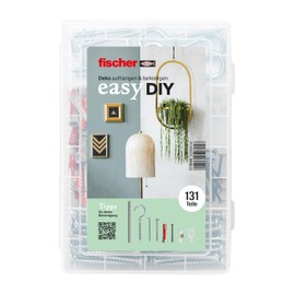 fischer EasyDIY Decorative Box, Furniture Box with Hooks, Screws, Dowels and More, Suitable for DIY Enthusiasts to Fix Creative Decoration Ideas, Presorted Set in Plastic Box, 131 Pieces