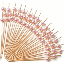 100PCS Cocktail Picks, Decorative Skewers for Appetizers Drinks Party Fruit, Fancy Toothpicks for Appetizers, 4.7 Inch Long Wooden Bamboo Gold Pink Food Sticks Charcuterie Boards Accessories