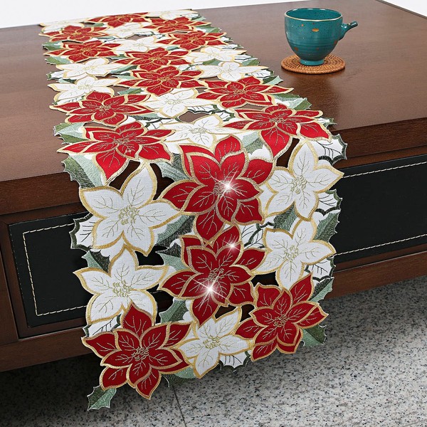Christmas Table Runner Red Gold Table Decorations Embroidered Poinsettia Cutwork