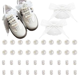 Lospfo 42 Pcs DIY Shoe Charms Set for Sneaker Shoelace Accessories with Faux Pearl Beads Bling Hollow Bead and Wide Lace Shoelaces