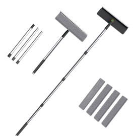 Heavy-Duty Window Squeegee with 60" Telescopic Pole & 360° Head - 4-in-1 Glass Scrubber for Shower Doors/Car Windows, Includes 4 Dual-Use Cloths (Glass+Screen) (153cm)