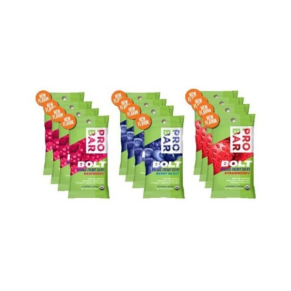 Probar Bolt Organic Energy Chews Bundle Strawberry,berry Blast and Raspberry - Four of Each Flavor, Box of 12