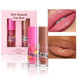2 Colors Lip Gloss Oil Kit, Moisturizing Shiny Lip Plumper Oil Long Lasting Waterproof Non-sticky Clear Tinted Lip Gloss Glazed Lip Duo,Glitter Hydrating Lip Glow Oil,Makeup Gift for Women Girl-Set C
