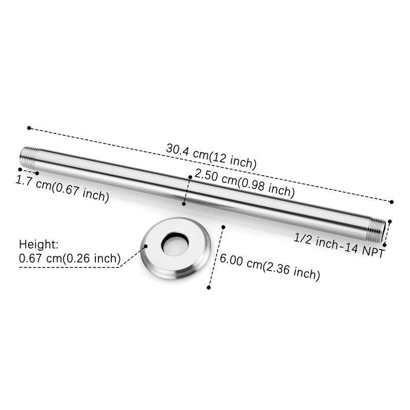 12 Inch Shower Arm and Flange Brushed Nickel, Ceiling Mounted