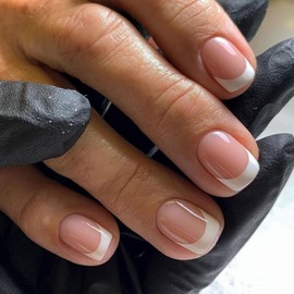 Press on Nails Short Square Fake Nails White French Tip Nails Press ons Glossy Glue on Nails Nude Acrylic Nails Full Cover False Nails Daily Wear Natural Stick on Nails for Women 24Pcs