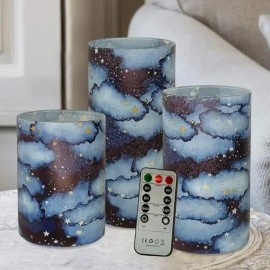 Flameless LED Candles Set 3D Wick Acrylic Flickering Floral String Light Battery Operated Remote Timer Cute Candlescolor: Night sky, size: High:6" x 3" ;Medium:5" x 3" ;Low:4" x 3"