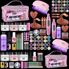Nail Kit for Beginners with Everything: Professional Nail Acrylic Powder Liquid Set with Practice Finger Drill U V Light in Makeup Bag for Women Salon Home (Pink)