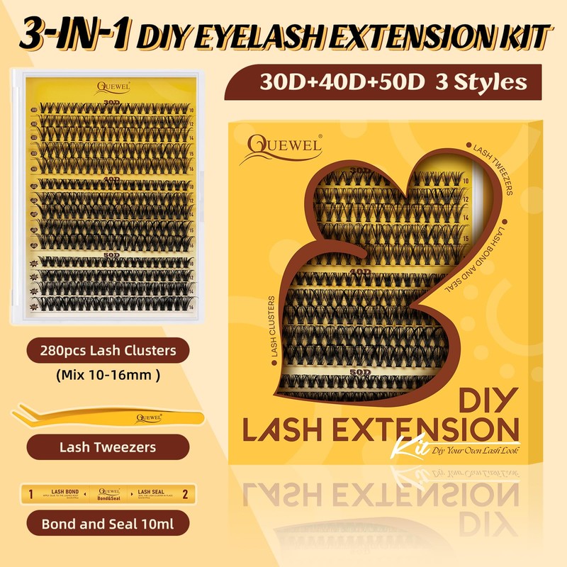 QUEWEL DIY-Lash-Extension-Kit, 3D-Lash-Clusters with 280PCS 30+40+50D EyeLashes Mixed 10-16mm Eyelash