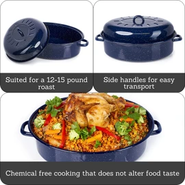 IMUSA USA 18" Traditional Vintage Style Blue Speckled Enamel on Steel Covered Oval Roaster