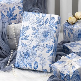 Homeral Blue Floral Wrapping Paper - Shimmer Pearl Luster Chinoiserie Flower Gift Wrap for Bridal Shower, Wedding, Birthday, Mothers Day - Mini Roll - 17 Inch x 33 Feet