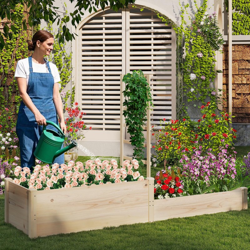 Giantex Wooden Raised Garden Bed with Trellis & 2 Planter