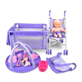ANIVIA 5PCs Baby Doll Stroller Set - Baby Doll Accessories Set Includes Doll Stroller/Doll Crib/Play Mat/Feeding Toy/Diaper Bag, Nursery Role Play Set (11" Doll Included)