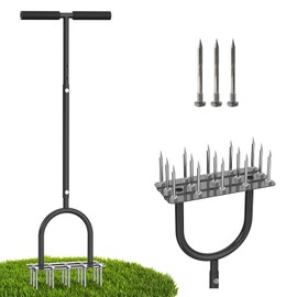Lawn Aerator Spike Tool - Manual Grass Aerator with 15 Iron Spikes, Pre-Assembled Yard Aerator for Core Aeration, Dethatching, Heavy Duty T-Handle & Wide Foot Plate for Lawn Yard & Garden (Dark)