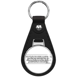 PRS Vinyl John 3:16 For God So Loved The World - verse jesus 3 16 Black Leather Keychain Silver Keyring