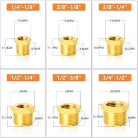 GASHER 12PCS Brass Hex Bushing Fitting Kit Hex Bushing 1/4" - 1/8", 3/8" - 1/8", 3/8" - 1/4", 1/2" - 1/4", 1/2" - 3/8", 3/4" - 1/2"