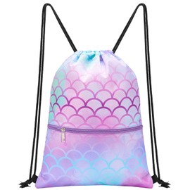 WAWSAM Mermaid Kids Drawstring Backpack Waterproof, Gym Swim Bag Cinch Bag for Girls Kids Waterproof Beach Bag Draw String Bags, Back to School Birthday Gift with Zippered Pocket