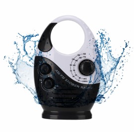 Waterproof Shower Radio, AM/FM Radio with Adjustable Volume Speakers, Battery Powered Portable Speakers with Hook Handle for Shower Rooms Bedside Tables Garages