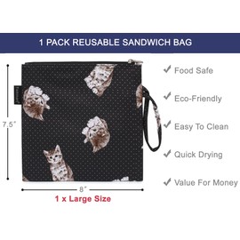 Reusable Sandwich Bag/Snack Bag for Kids & Adults, Dual Layer Lunch Bag with Handle, Washable, Food Safe, BPA Free (1-Pack, Dot&Cat)