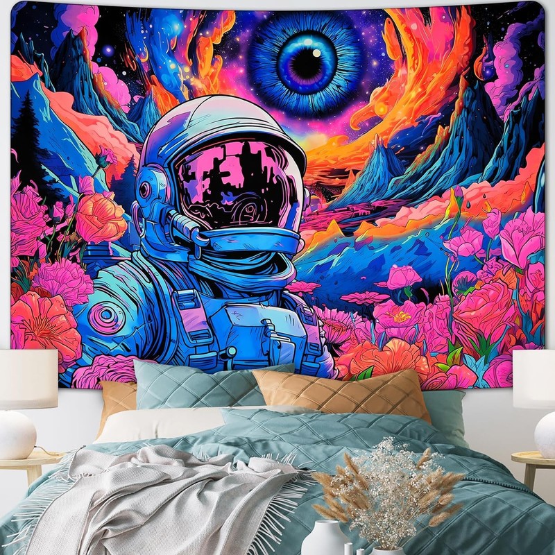 FENDROM Blacklight Astronaut Tapestry Hippie Eyes Tapestry UV Reactive Flowers