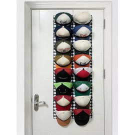 ETOWIFA Hat Organizer Rack for Baseball Caps [Up to 32] Hat Holder Over the Door for Closet with 8 Felt Bands, Multifunctional Non-Drilled Hat Storage for Room, College Dorm - B&W Grid