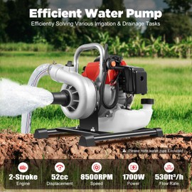 RocoReny 2-stroke 52cc 2.3hp Gas Powered Water Pump,Single-cylinder 1.5inch Gasoline Powered Trash Water Pump,Portable High Pressure for Irrigation Pool and Water Transfer,529.72ft ³/h