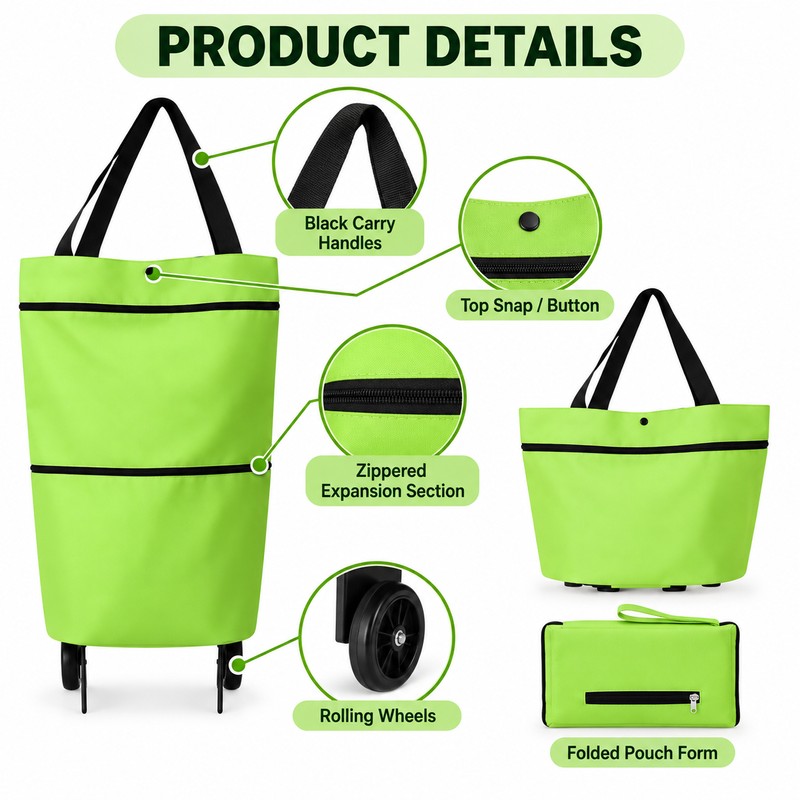 Foldable Shopping Cart Bag for Grocery Runs – 2-in-1 Rolling