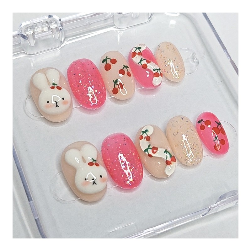 Cherry Rabbit Handmade Nail Tips - Long Stiletto / 체리