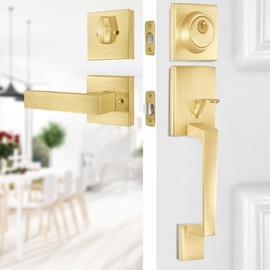 BonKuDoo Entry Front Door Handle, Satin Brass Square Front Door Lock Set with Single Cylinder Deadbolt and Low Half Lever
