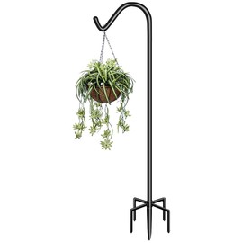 Garbuildman 92 Inch Tall Shepherd Hooks with 5-Forked Base, Adjustable Heavy Duty Bird Feeder Pole Stand Hanger for Outdoor, Shiny Black, 1 Pack