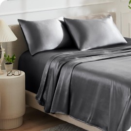 Bare Home Queen Poly Satin Sheet Set - Luxury Soft and Smooth Satin - for Hair and Skin - Breathable - Similar to Silk - Deep Pocket up to 15” - Bedding Sheet Set (Queen, Grey)