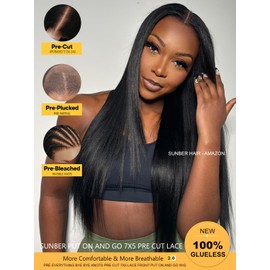 Sunber Yaki Straight Human Hair Wig Pre Cut 7x5 HD Lace Front Wig Bye Bye Knots Pre Plucked Bleached Knots Put On and Go Glueless Yaki Straight Human Hair 180% Density 14Inch Yaki Straight Wigs