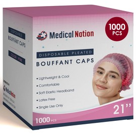 Medical Nation Hair Net, Disposable Pleated Hair Nets | Pink, 1000 Count | Bouffant Hair Cap Hair Nets for Food Service, Medical Use - 21" Hairnets for Women & Men - Latex Free with Elastic Band, Pink