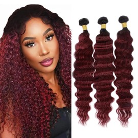 Ombre Human Hair Bundles Burgundy Bundles Human Hair Red Deep Wave Bundles 18 20 22 Inch Unprocessed Brazilian Remy Hair Extensions Burgundy Wet And Wavy Human Hair Bundles Hair Weave