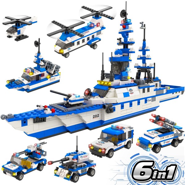 1169 Pieces City Police Station Building Kit, 6 in 1 Military Battleship Building Toy, with Cop Car, Patrol Boat, Helicopter, Best Learning Roleplay STEM Construction Toy Gift for Boys and Girls 6-12