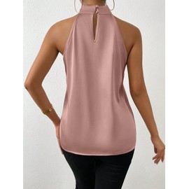 SweatyRocks Women's Elegant Twist Front Halter Sleeveless Satin Blouse Keyhole Back Tank Top Pink Medium