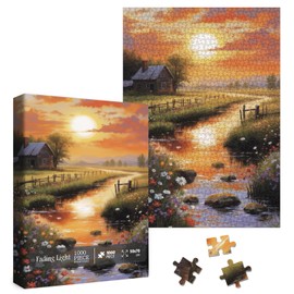 Beautiful Sunset Landscape Puzzles for Adults 1000 Pieces Nature, Colorful River Flower Scenery Jigsaw Puzzle, Impossible Nature Painting Art Puzzles