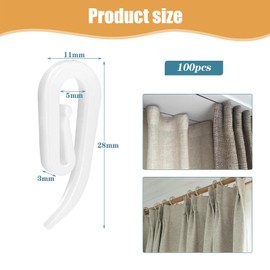 dinghaole Pack of 100 Universal Curtain Hooks, Plastic Curtain Hooks for Hanging, Curtain Rolls, White Curtain Hooks for Shower Curtains, Window Curtains, Door Curtains